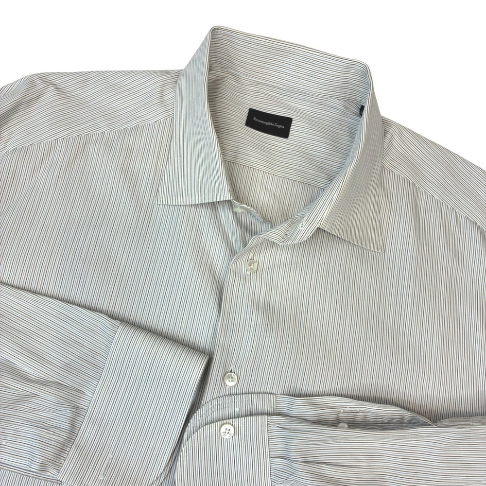 Ermenegildo‎ Zegna Dress Shirt Mens 18/46 White Brown Blue Micro Stripe Cotton